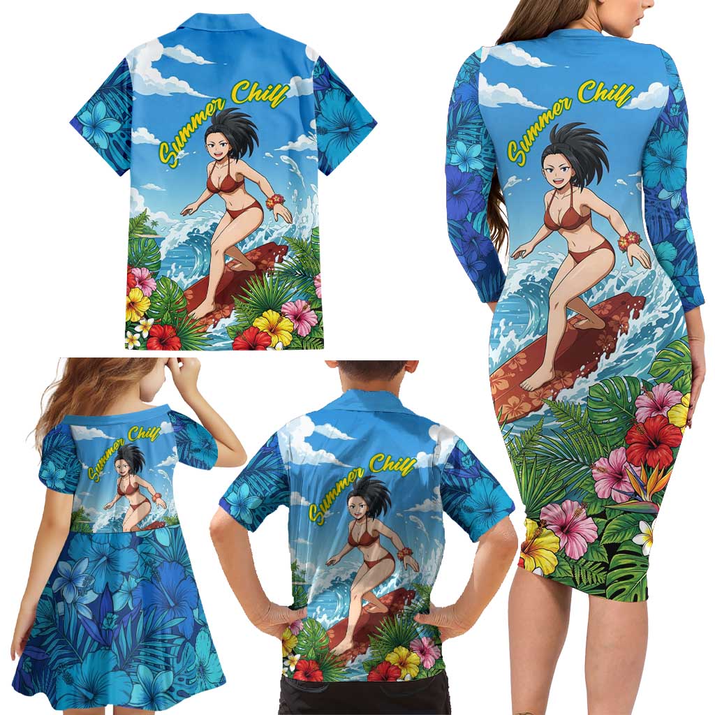 Momo Yaoyorozu Summer Chill Family Matching Long Sleeve Bodycon Dress and Hawaiian Shirt Tropical Anime Surf Adventure