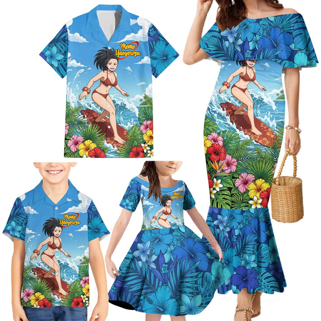 Momo Yaoyorozu Summer Chill Family Matching Mermaid Dress and Hawaiian Shirt Tropical Anime Surf Adventure
