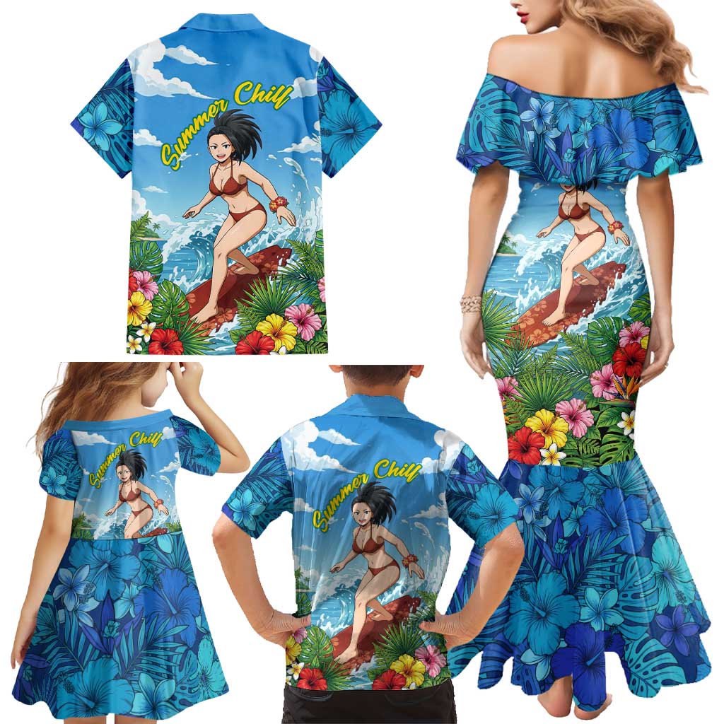 Momo Yaoyorozu Summer Chill Family Matching Mermaid Dress and Hawaiian Shirt Tropical Anime Surf Adventure