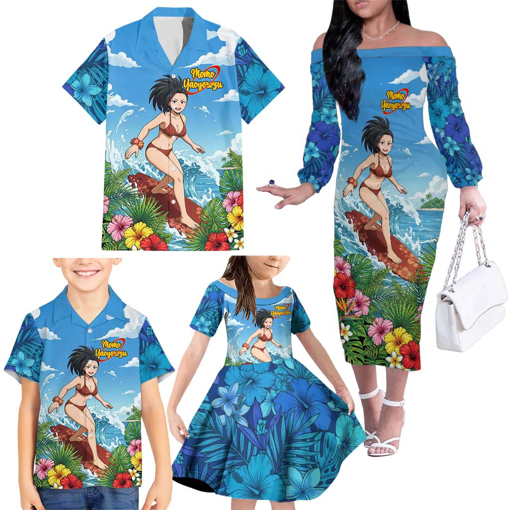 Momo Yaoyorozu Summer Chill Family Matching Off The Shoulder Long Sleeve Dress and Hawaiian Shirt Tropical Anime Surf Adventure