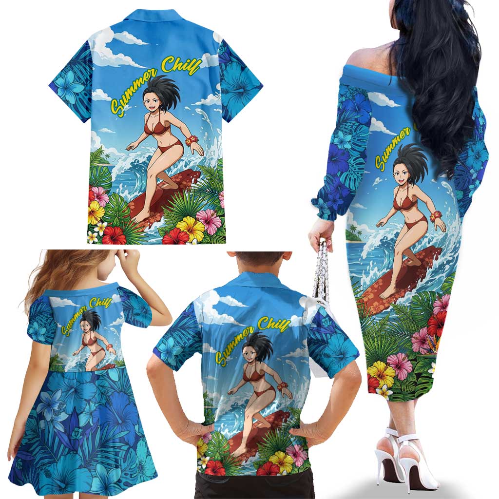 Momo Yaoyorozu Summer Chill Family Matching Off The Shoulder Long Sleeve Dress and Hawaiian Shirt Tropical Anime Surf Adventure