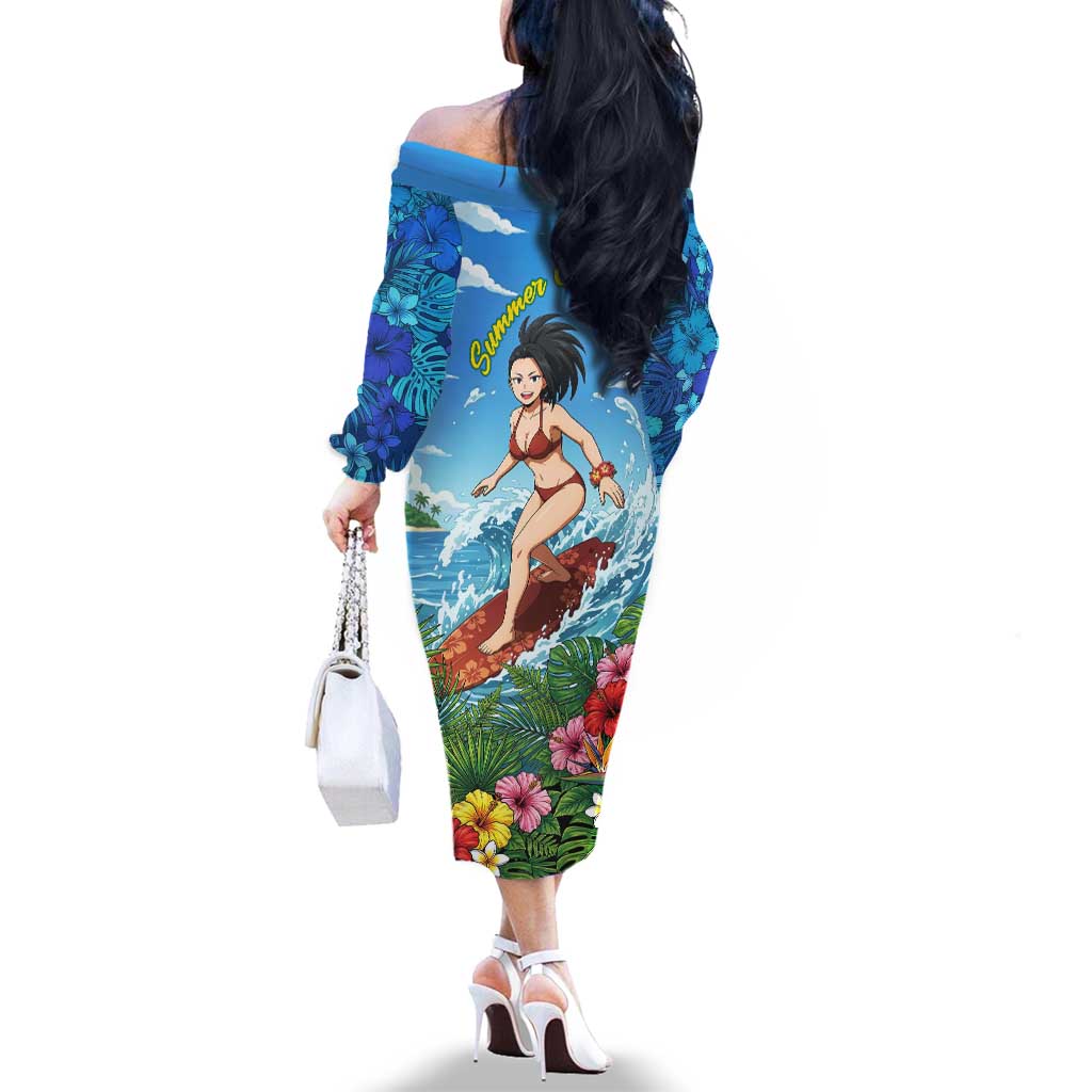 Momo Yaoyorozu Summer Chill Family Matching Off The Shoulder Long Sleeve Dress and Hawaiian Shirt Tropical Anime Surf Adventure