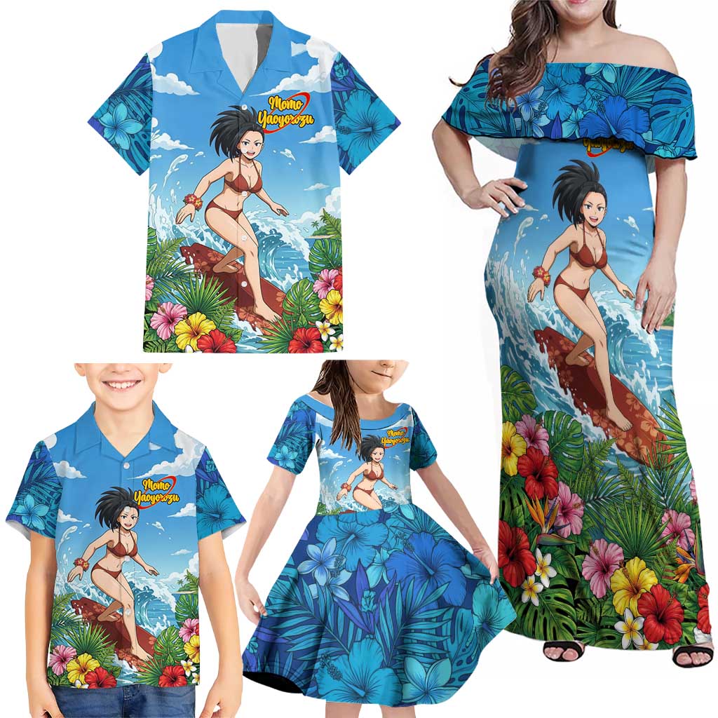 Momo Yaoyorozu Summer Chill Family Matching Off Shoulder Maxi Dress and Hawaiian Shirt Tropical Anime Surf Adventure