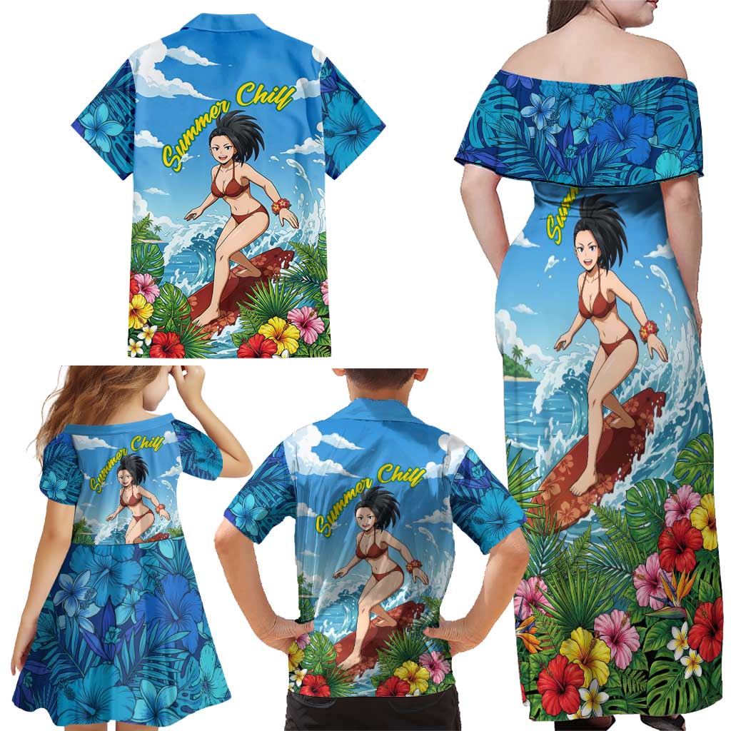 Momo Yaoyorozu Summer Chill Family Matching Off Shoulder Maxi Dress and Hawaiian Shirt Tropical Anime Surf Adventure