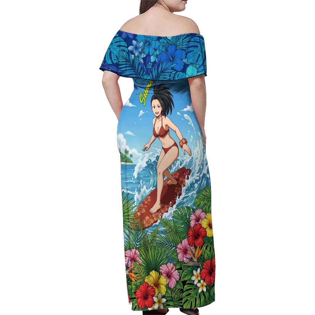 Momo Yaoyorozu Summer Chill Family Matching Off Shoulder Maxi Dress and Hawaiian Shirt Tropical Anime Surf Adventure