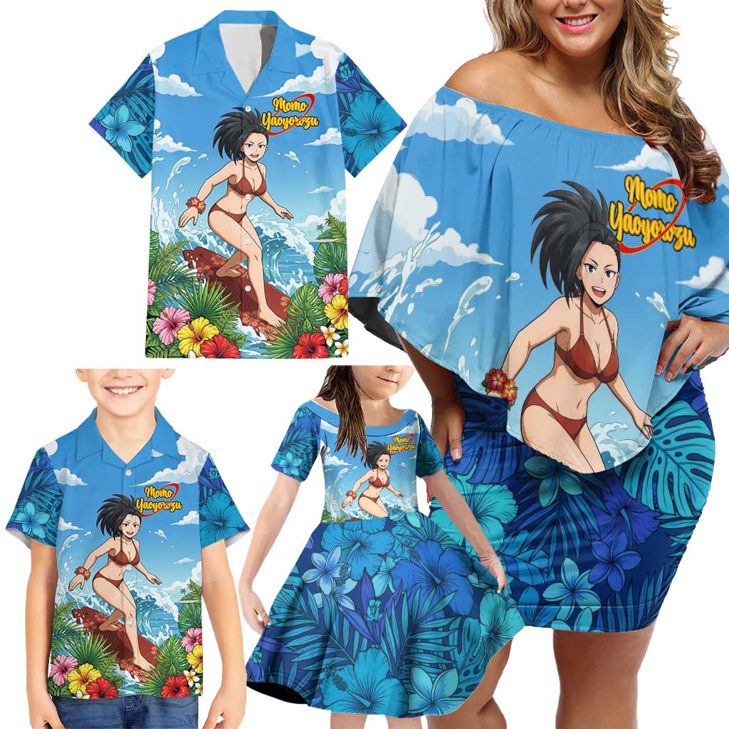 Momo Yaoyorozu Summer Chill Family Matching Off Shoulder Short Dress and Hawaiian Shirt Tropical Anime Surf Adventure