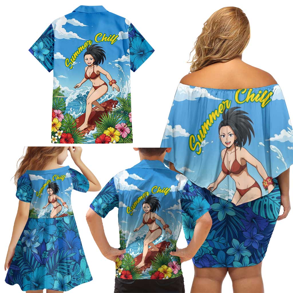 Momo Yaoyorozu Summer Chill Family Matching Off Shoulder Short Dress and Hawaiian Shirt Tropical Anime Surf Adventure