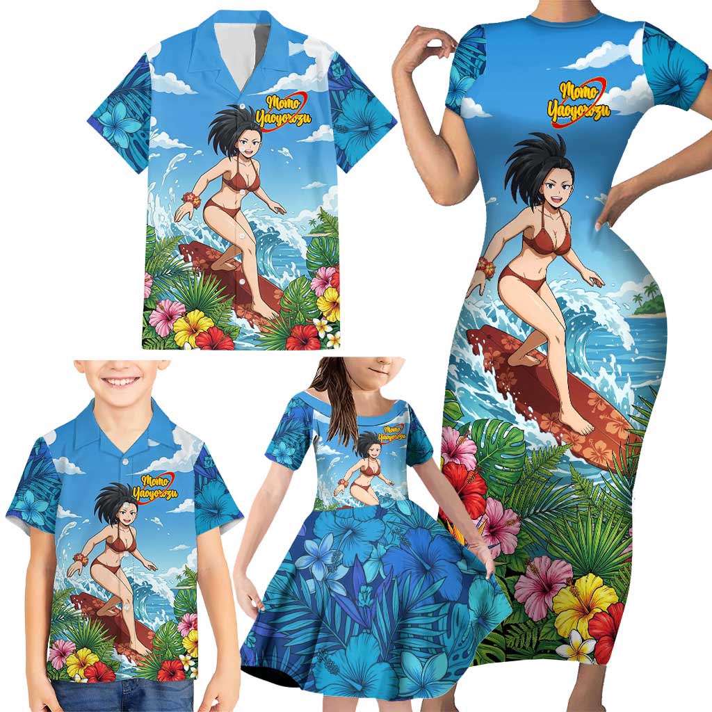 Momo Yaoyorozu Summer Chill Family Matching Short Sleeve Bodycon Dress and Hawaiian Shirt Tropical Anime Surf Adventure
