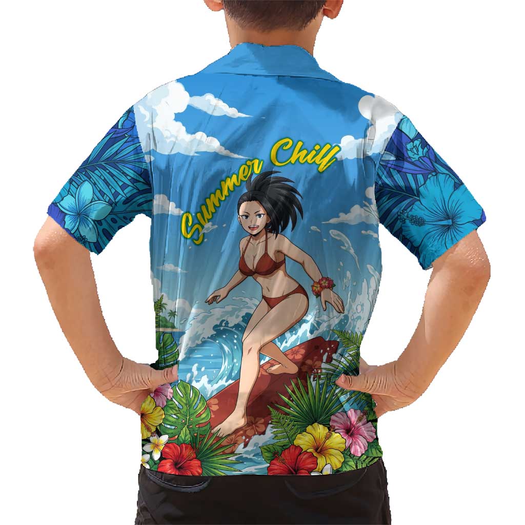 Momo Yaoyorozu Summer Chill Family Matching Short Sleeve Bodycon Dress and Hawaiian Shirt Tropical Anime Surf Adventure