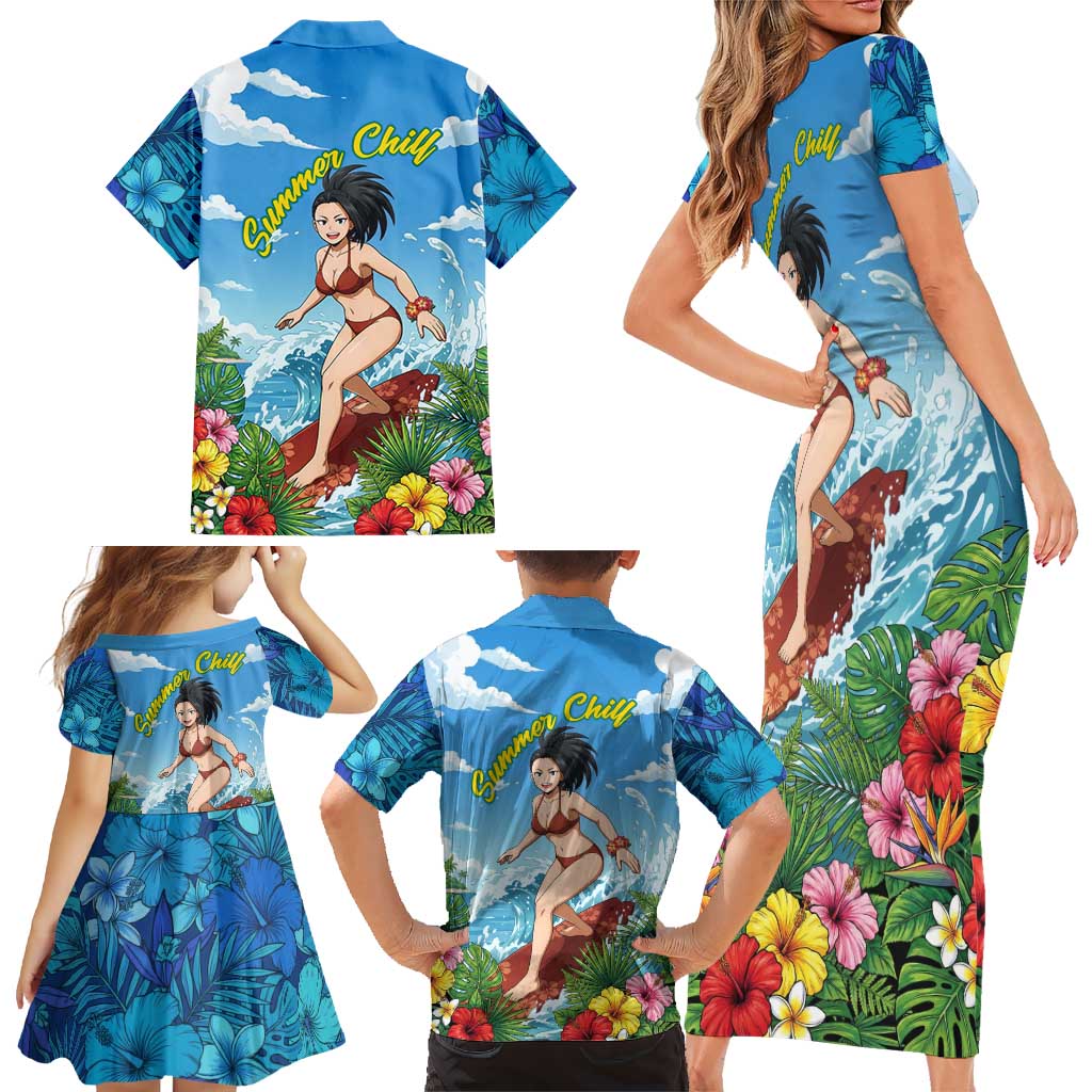 Momo Yaoyorozu Summer Chill Family Matching Short Sleeve Bodycon Dress and Hawaiian Shirt Tropical Anime Surf Adventure
