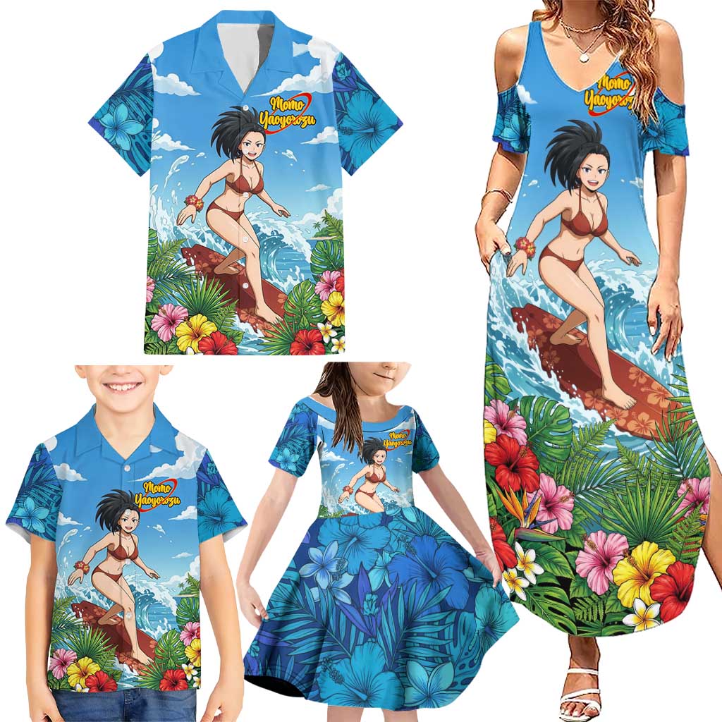 Momo Yaoyorozu Summer Chill Family Matching Summer Maxi Dress and Hawaiian Shirt Tropical Anime Surf Adventure