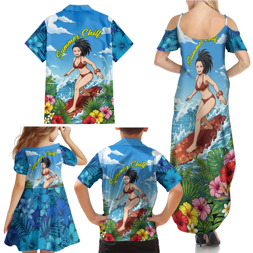 Momo Yaoyorozu Summer Chill Family Matching Summer Maxi Dress and Hawaiian Shirt Tropical Anime Surf Adventure