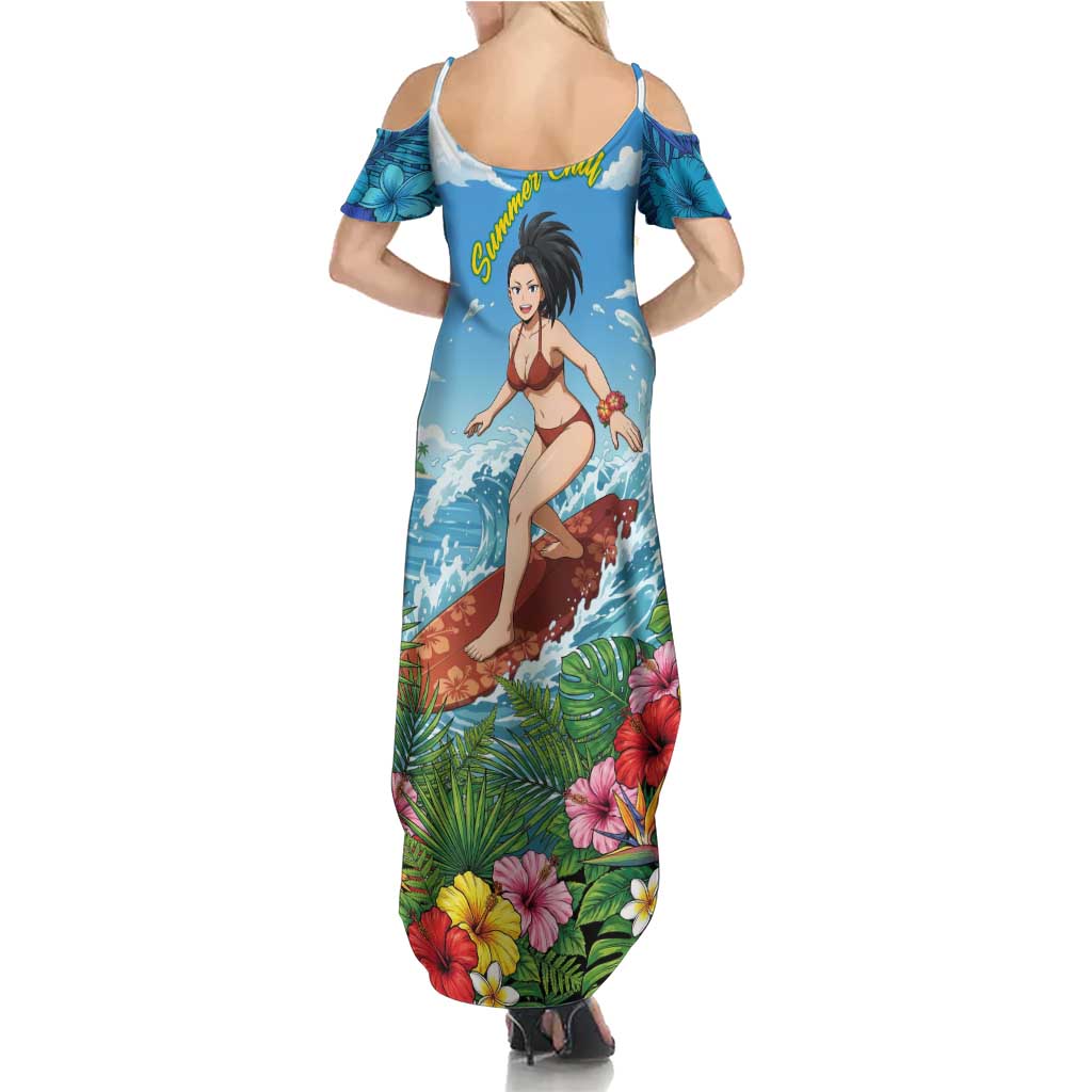 Momo Yaoyorozu Summer Chill Family Matching Summer Maxi Dress and Hawaiian Shirt Tropical Anime Surf Adventure