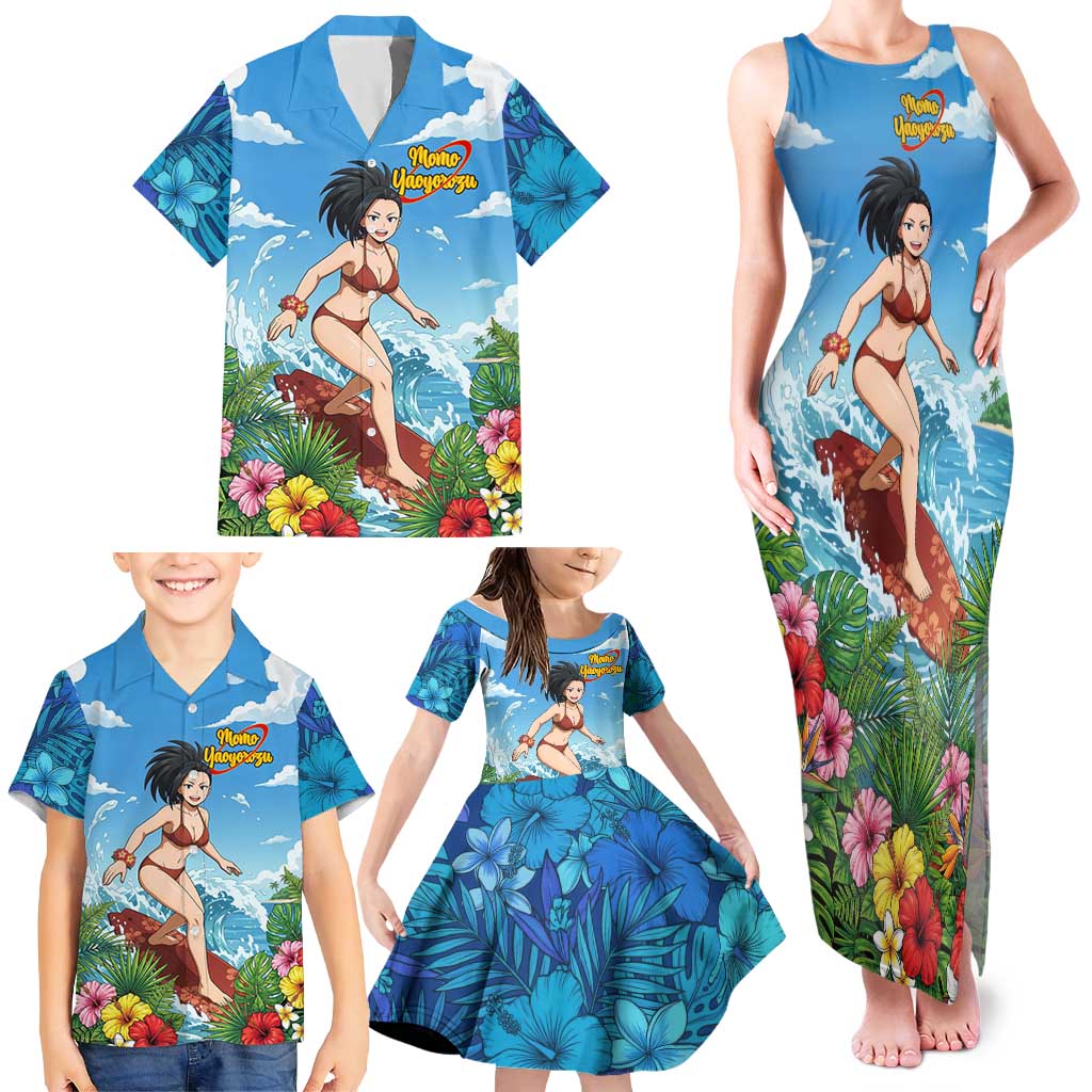 Momo Yaoyorozu Summer Chill Family Matching Tank Maxi Dress and Hawaiian Shirt Tropical Anime Surf Adventure