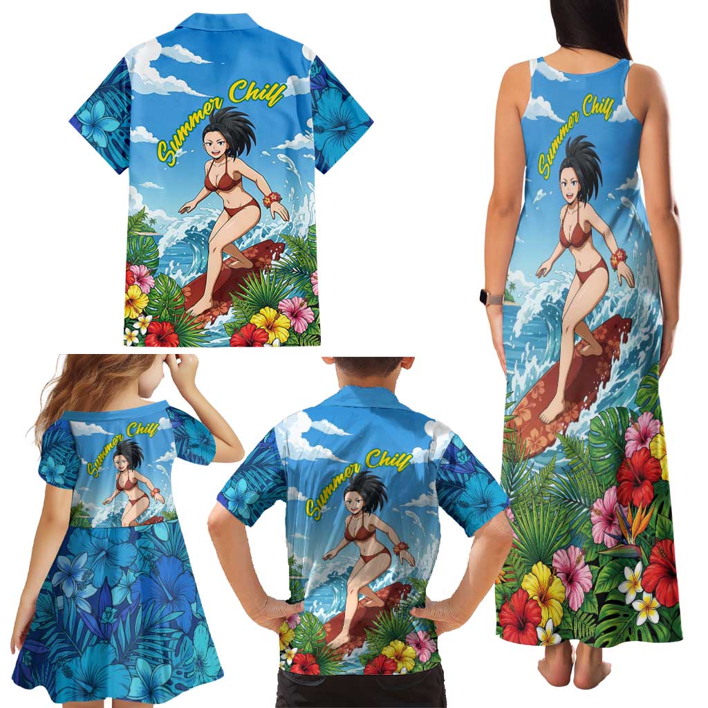 Momo Yaoyorozu Summer Chill Family Matching Tank Maxi Dress and Hawaiian Shirt Tropical Anime Surf Adventure
