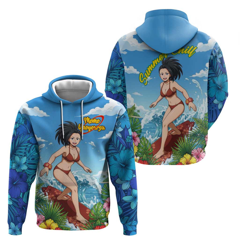 Momo Yaoyorozu Summer Chill Hoodie Tropical Anime Surf Adventure