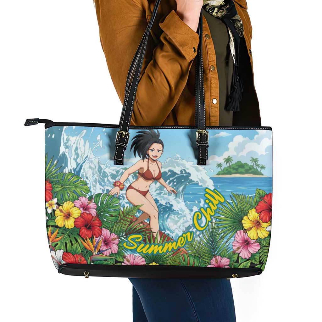 Momo Yaoyorozu Summer Chill Leather Tote Bag Tropical Anime Surf Adventure
