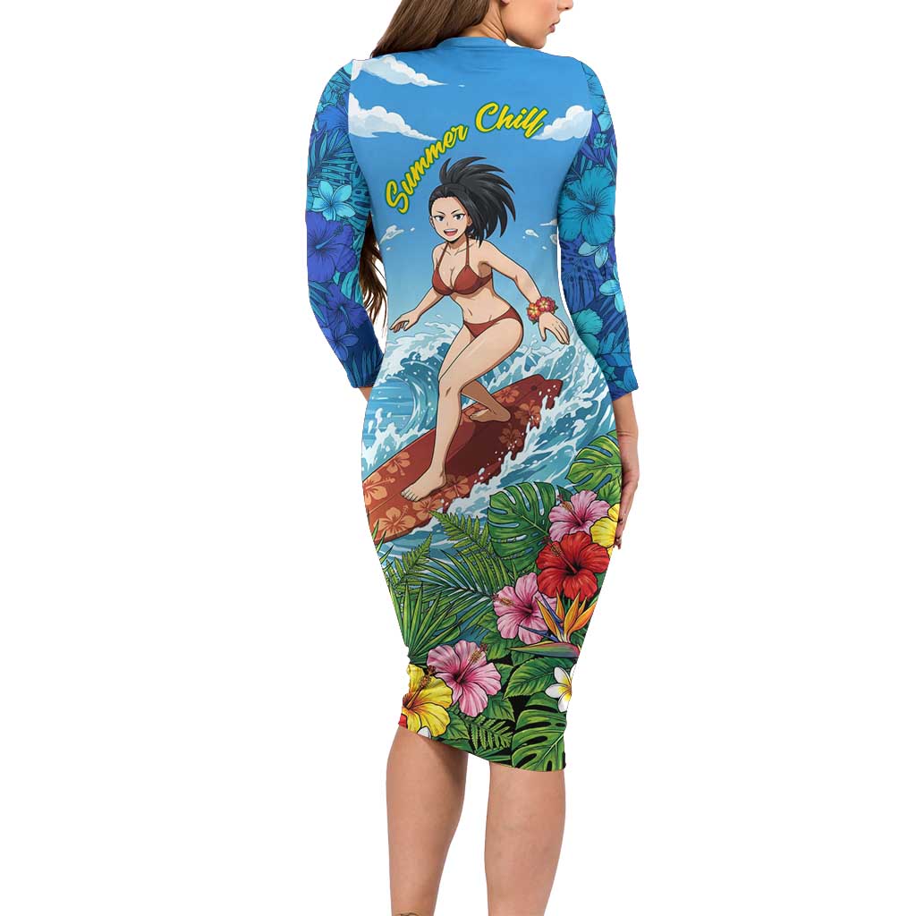 Momo Yaoyorozu Summer Chill Long Sleeve Bodycon Dress Tropical Anime Surf Adventure