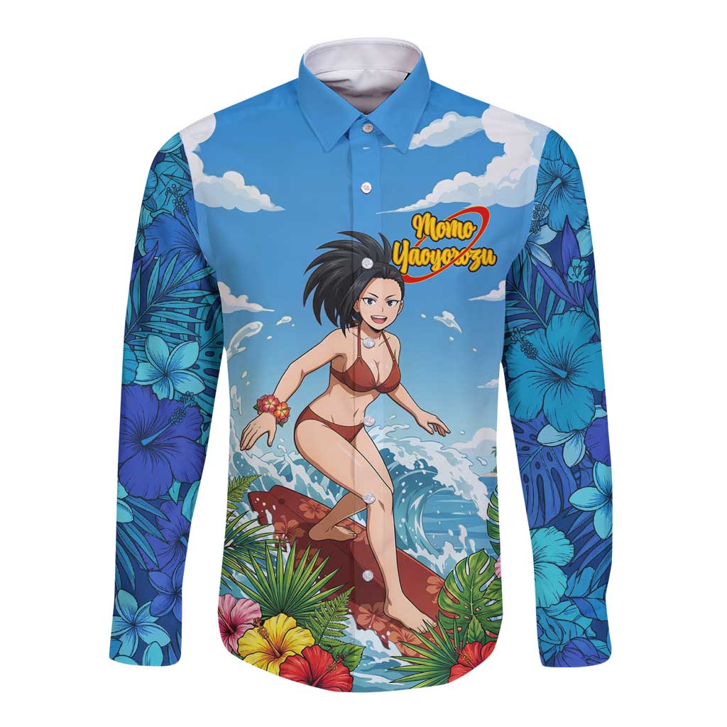 Momo Yaoyorozu Summer Chill Long Sleeve Button Shirt Tropical Anime Surf Adventure