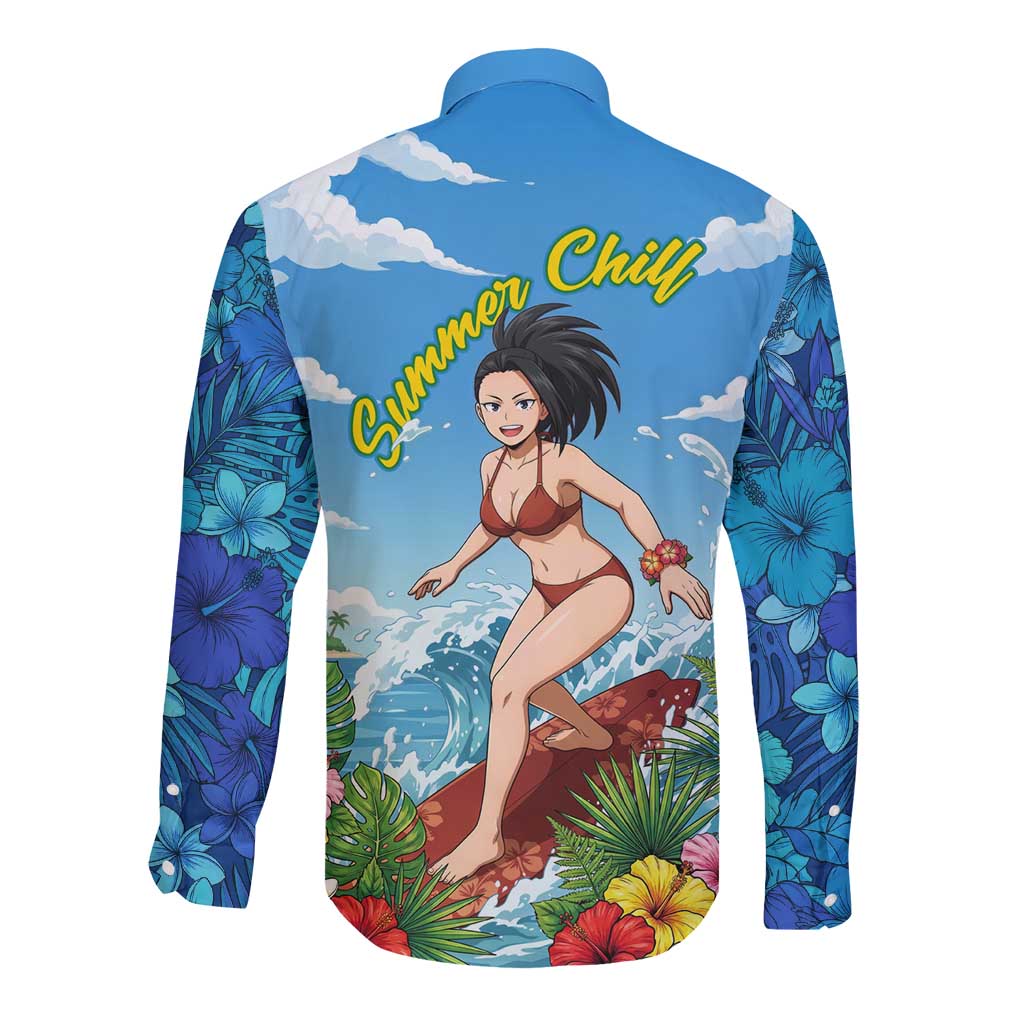 Momo Yaoyorozu Summer Chill Long Sleeve Button Shirt Tropical Anime Surf Adventure