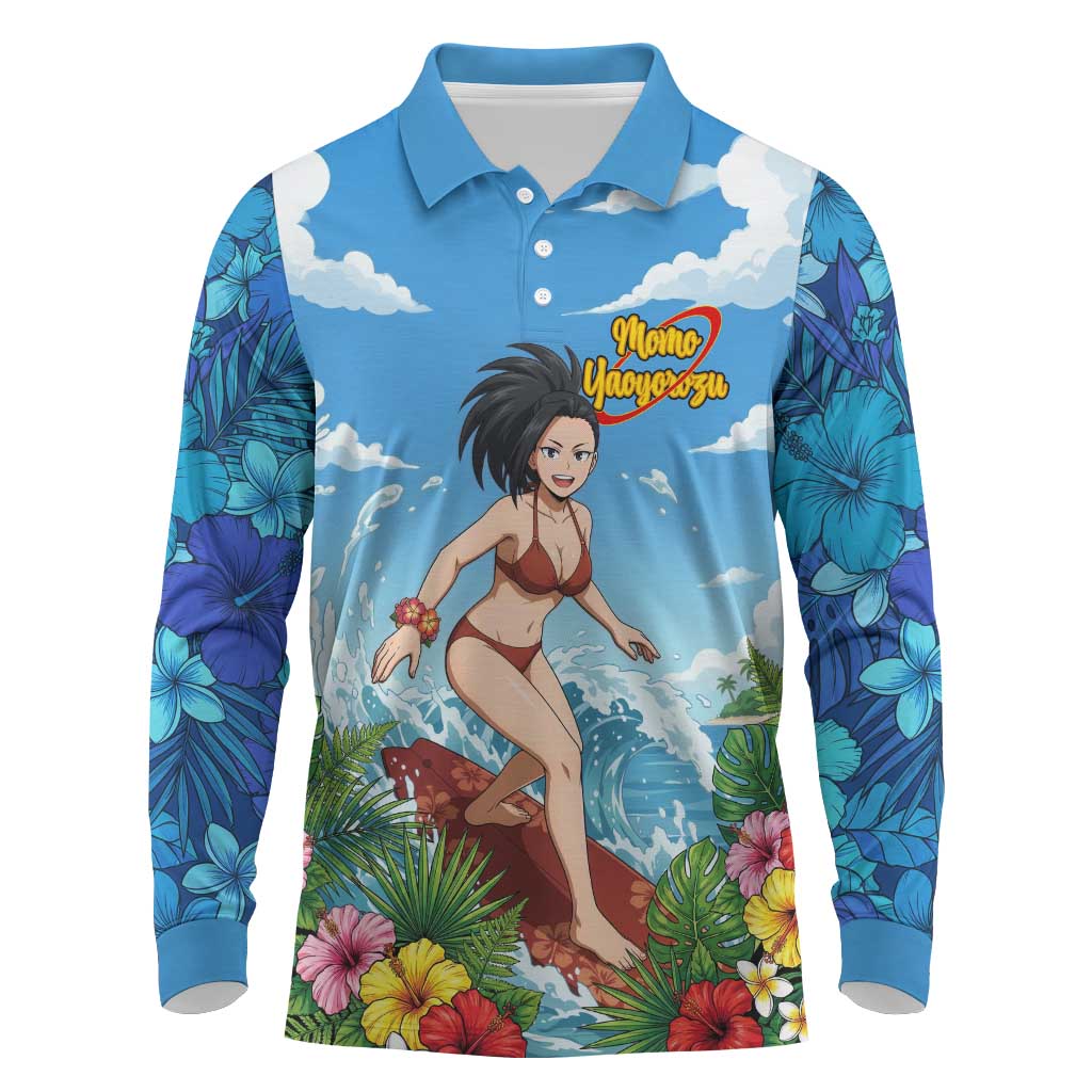 Momo Yaoyorozu Summer Chill Long Sleeve Polo Shirt Tropical Anime Surf Adventure