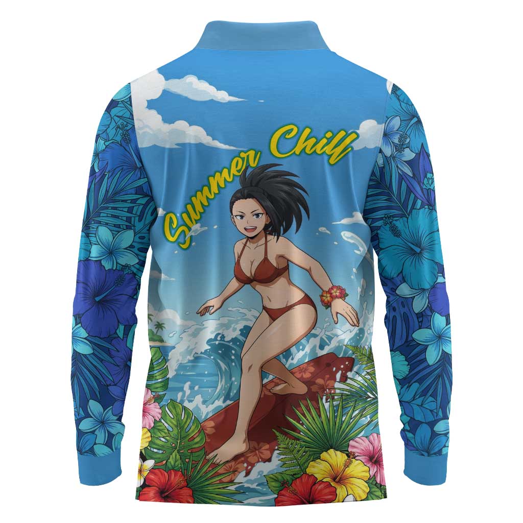 Momo Yaoyorozu Summer Chill Long Sleeve Polo Shirt Tropical Anime Surf Adventure