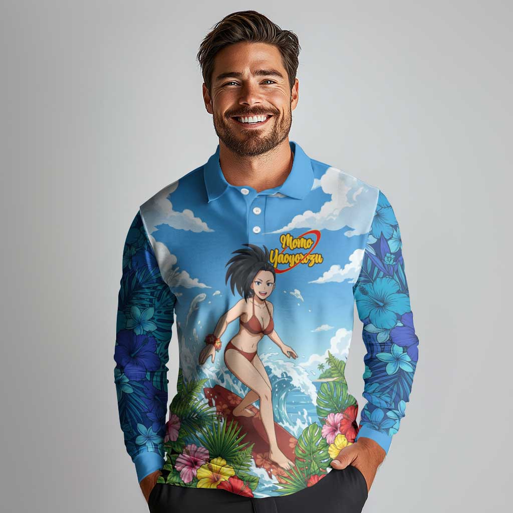 Momo Yaoyorozu Summer Chill Long Sleeve Polo Shirt Tropical Anime Surf Adventure