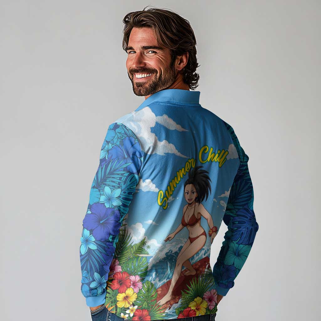 Momo Yaoyorozu Summer Chill Long Sleeve Polo Shirt Tropical Anime Surf Adventure
