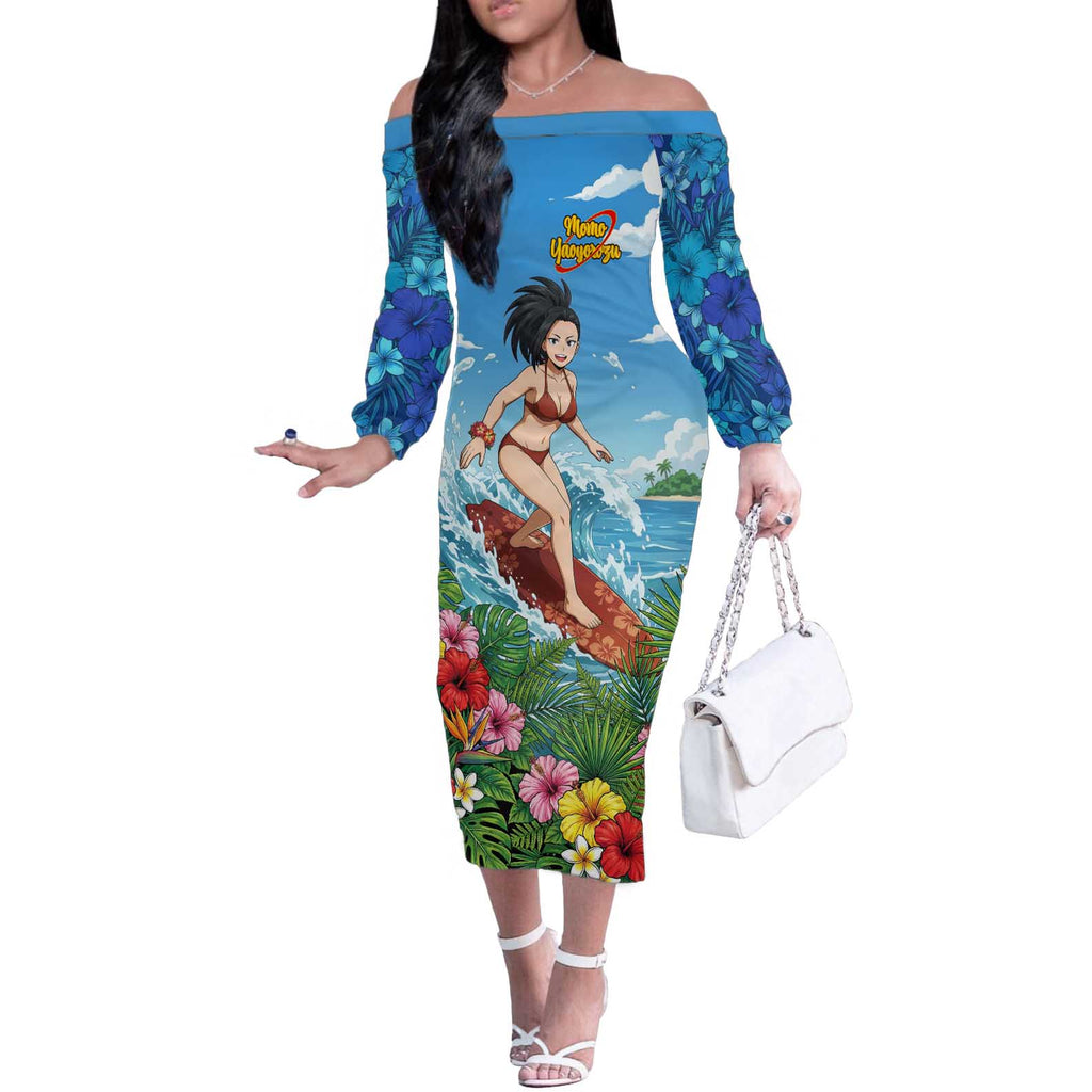 Momo Yaoyorozu Summer Chill Off The Shoulder Long Sleeve Dress Tropical Anime Surf Adventure