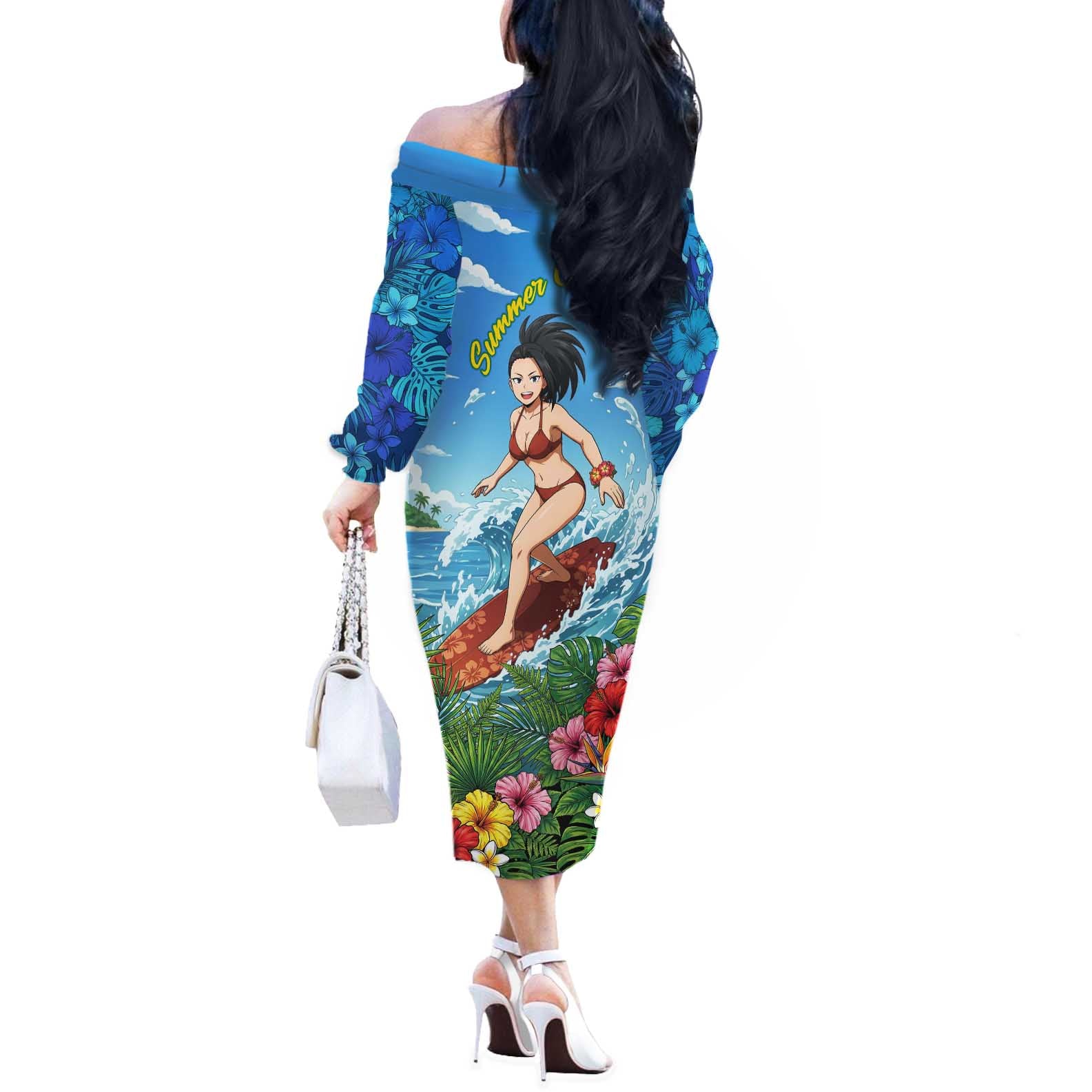 Momo Yaoyorozu Summer Chill Off The Shoulder Long Sleeve Dress Tropical Anime Surf Adventure