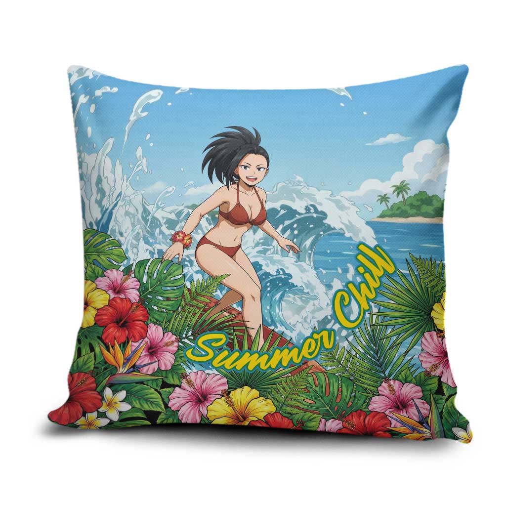 Momo Yaoyorozu Summer Chill Pillow Cover Tropical Anime Surf Adventure