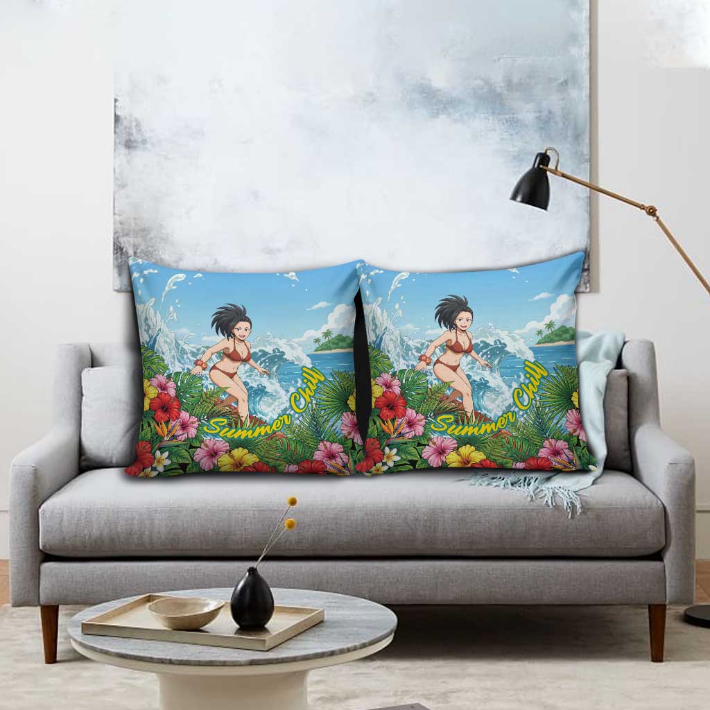 Momo Yaoyorozu Summer Chill Pillow Cover Tropical Anime Surf Adventure