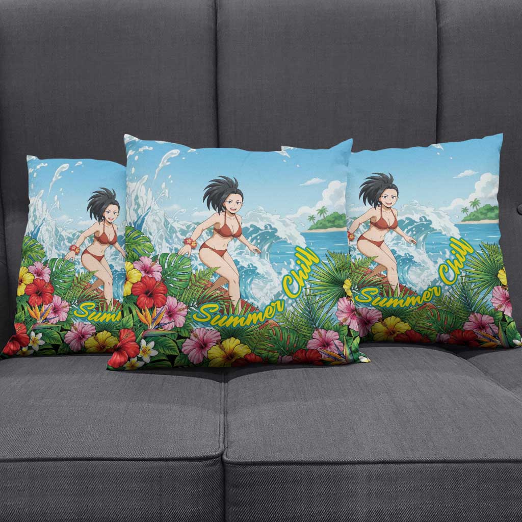 Momo Yaoyorozu Summer Chill Pillow Cover Tropical Anime Surf Adventure