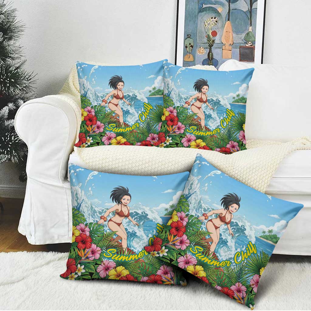 Momo Yaoyorozu Summer Chill Pillow Cover Tropical Anime Surf Adventure