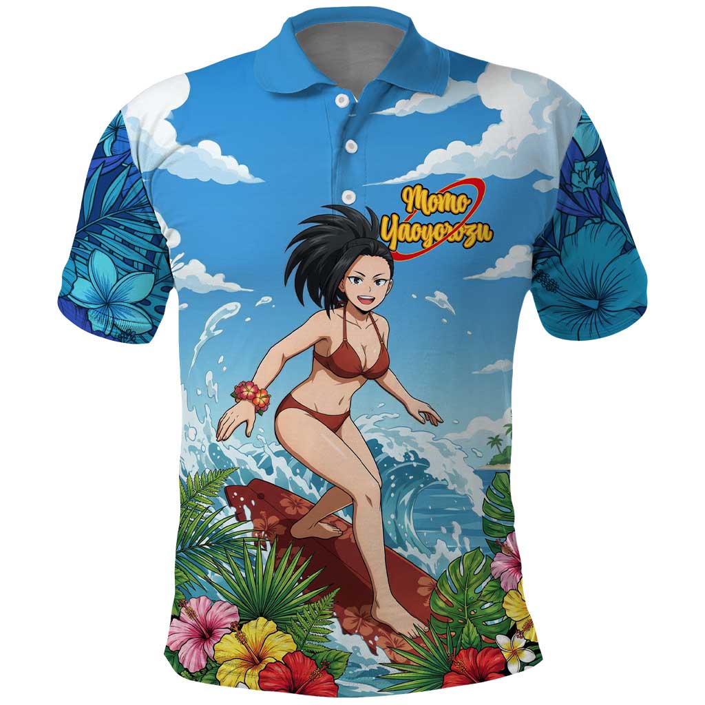 Momo Yaoyorozu Summer Chill Polo Shirt Tropical Anime Surf Adventure