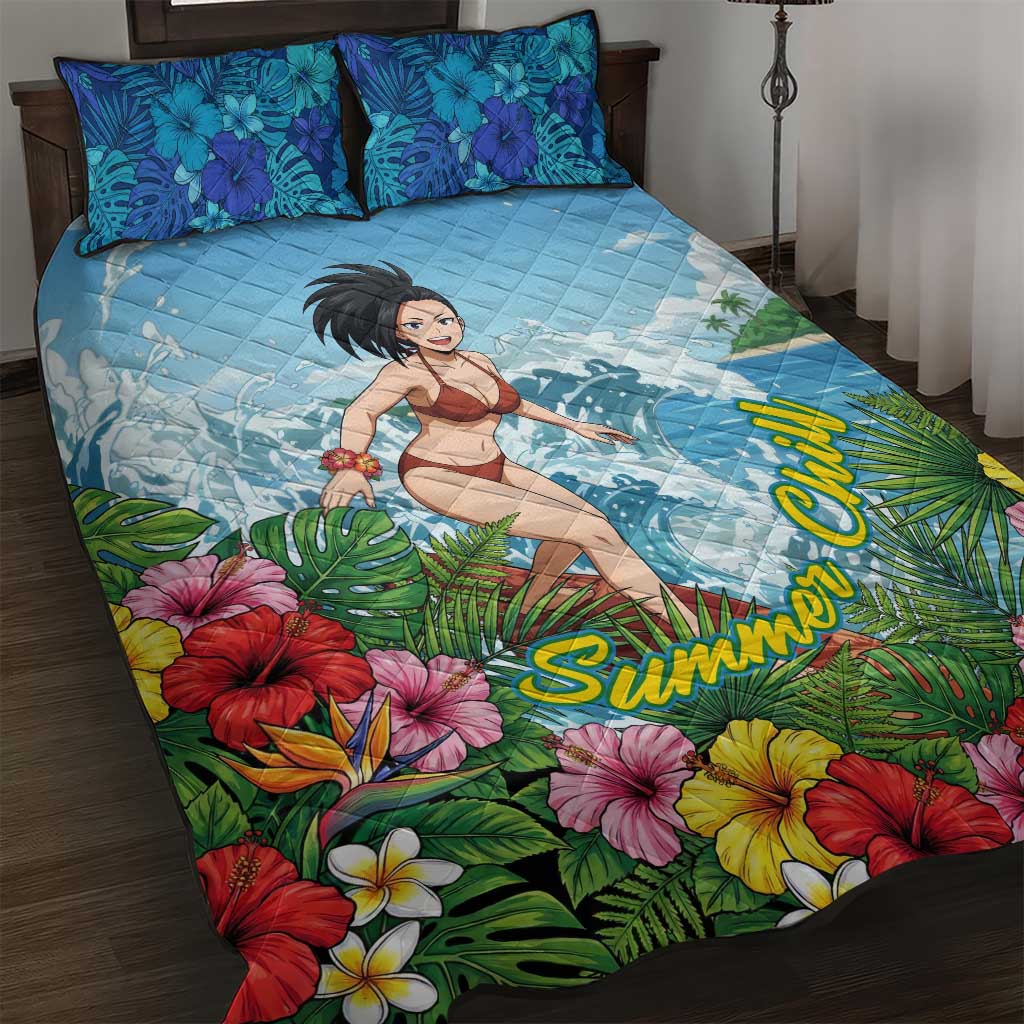 Momo Yaoyorozu Summer Chill Quilt Bed Set Tropical Anime Surf Adventure