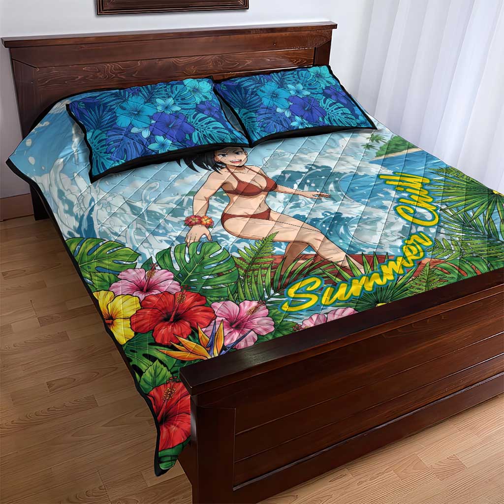 Momo Yaoyorozu Summer Chill Quilt Bed Set Tropical Anime Surf Adventure