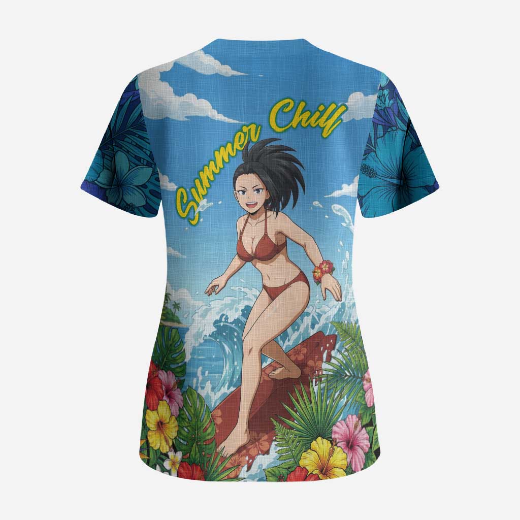 Momo Yaoyorozu Summer Chill Scrub Top Tropical Anime Surf Adventure