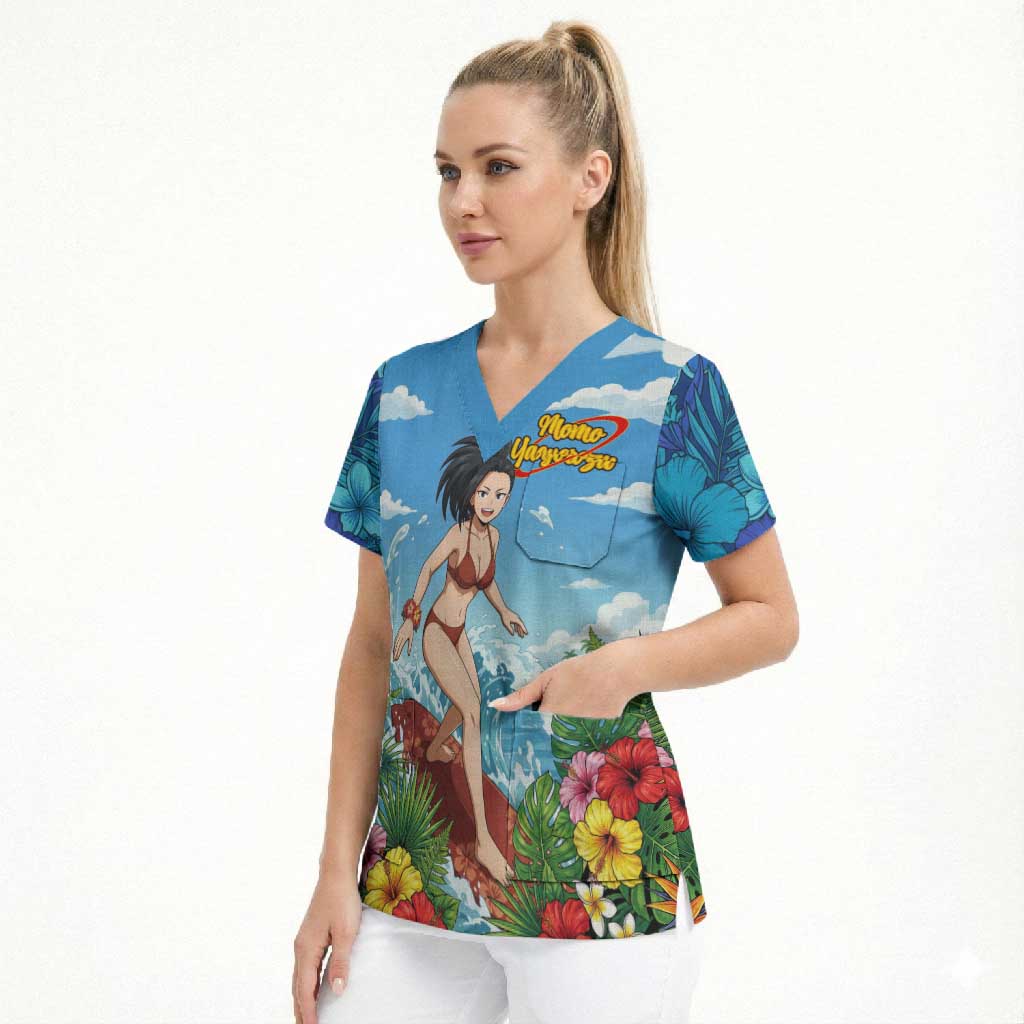 Momo Yaoyorozu Summer Chill Scrub Top Tropical Anime Surf Adventure