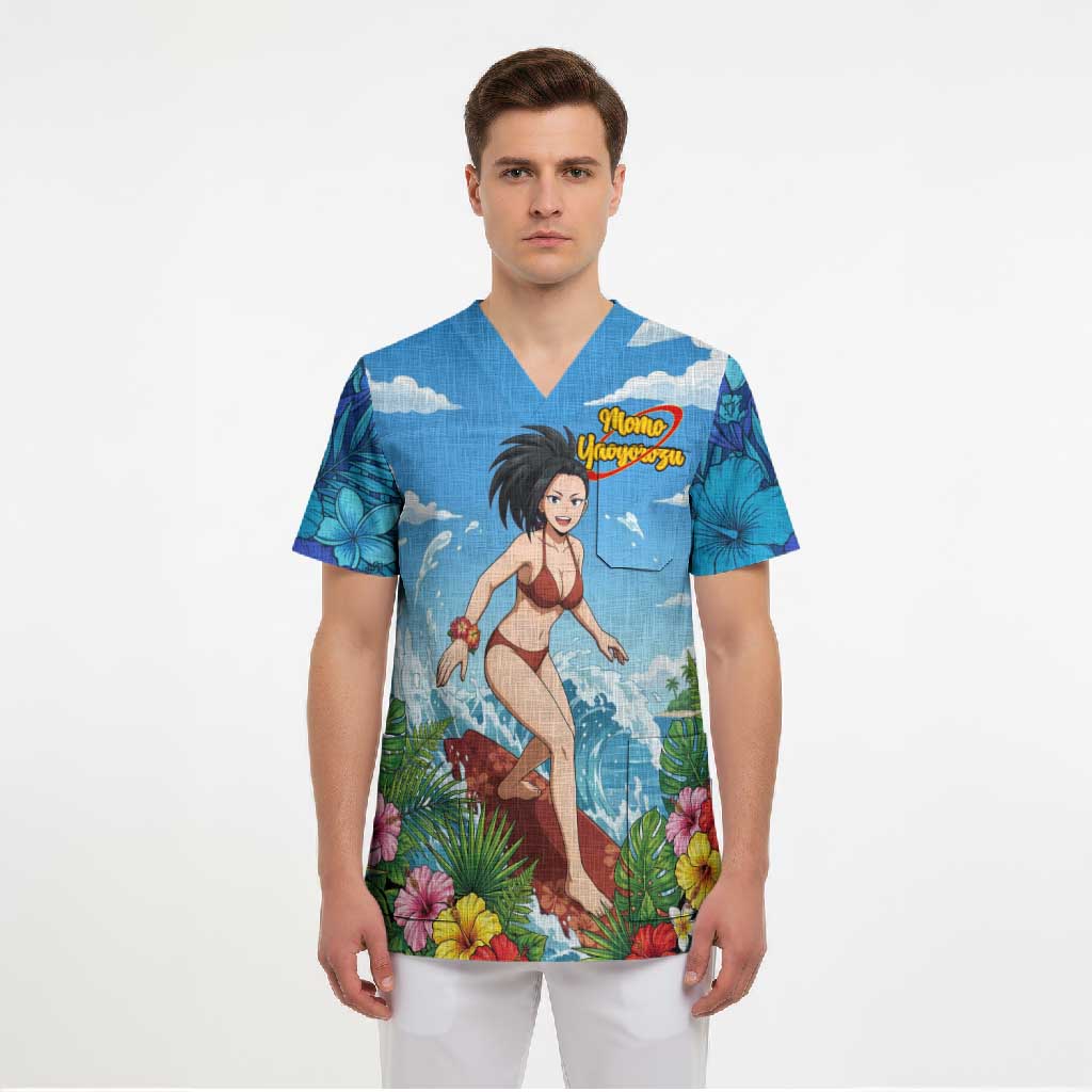 Momo Yaoyorozu Summer Chill Scrub Top Tropical Anime Surf Adventure