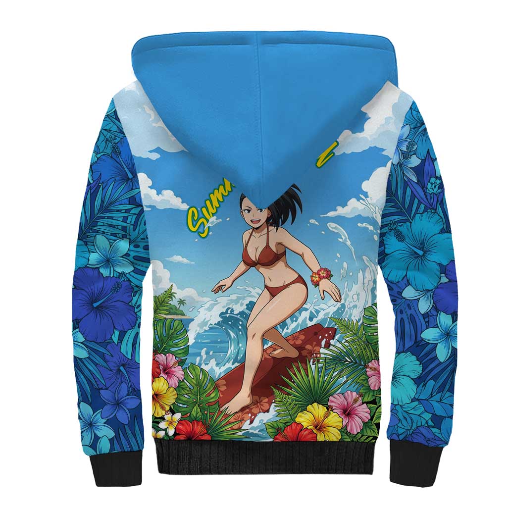Momo Yaoyorozu Summer Chill Sherpa Hoodie Tropical Anime Surf Adventure