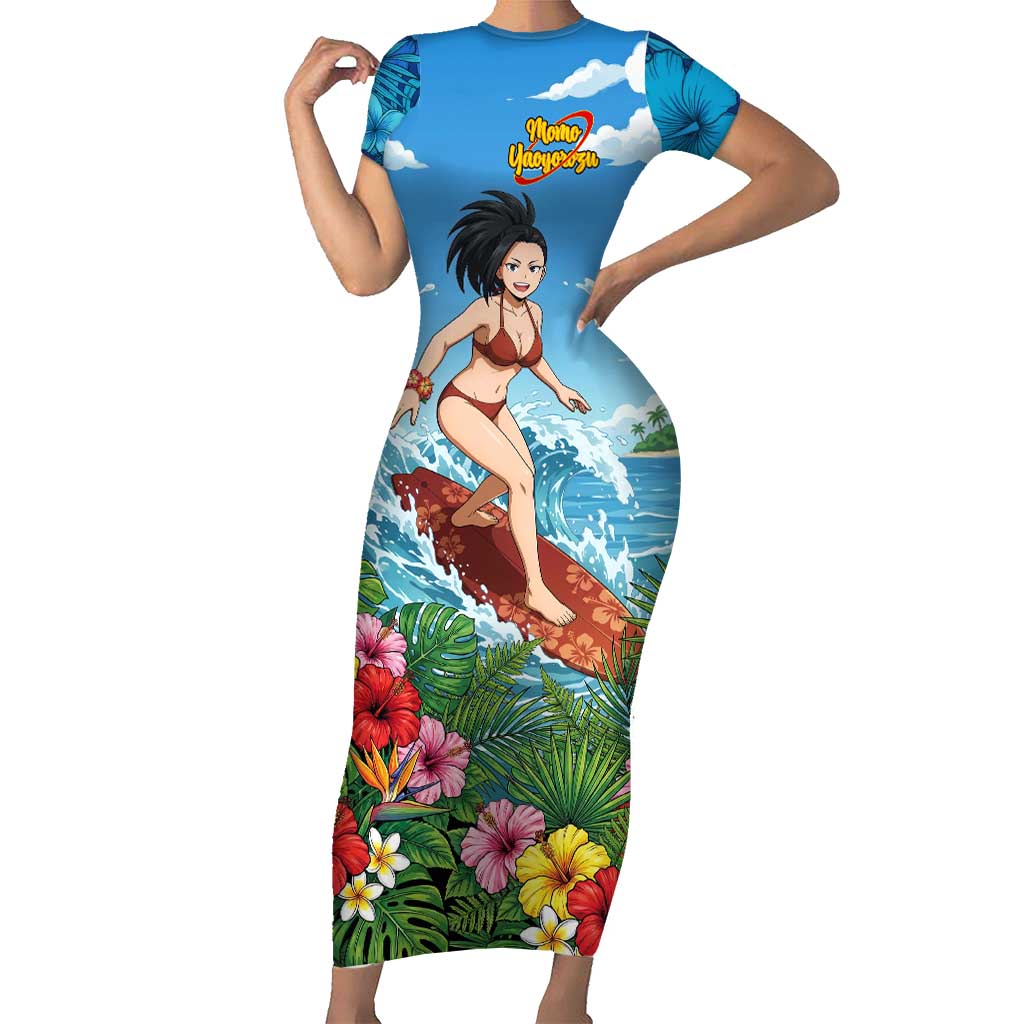 Momo Yaoyorozu Summer Chill Short Sleeve Bodycon Dress Tropical Anime Surf Adventure