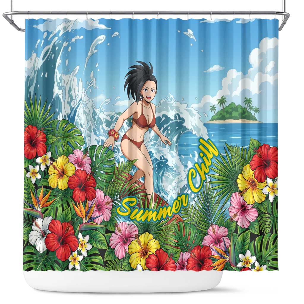 Momo Yaoyorozu Summer Chill Shower Curtain Tropical Anime Surf Adventure