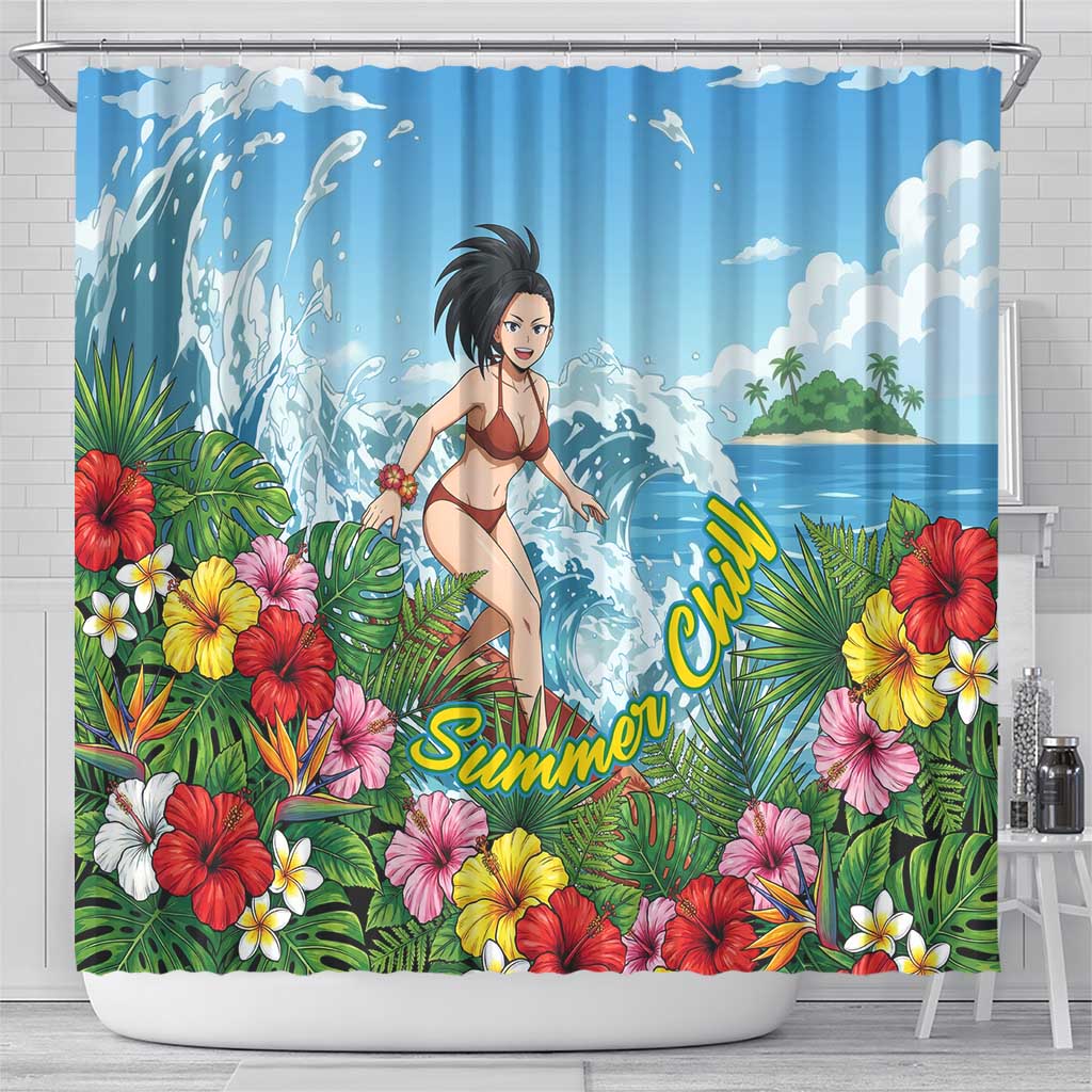 Momo Yaoyorozu Summer Chill Shower Curtain Tropical Anime Surf Adventure