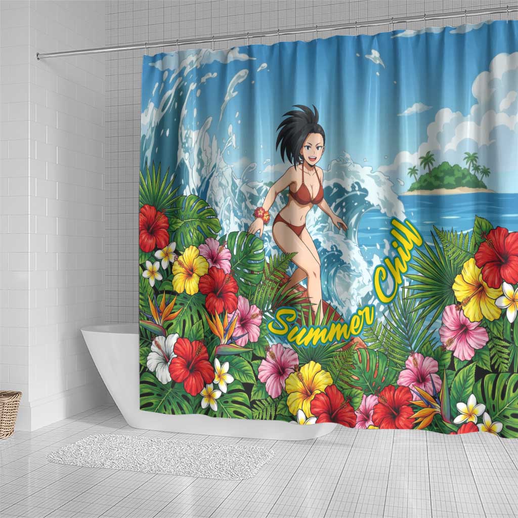 Momo Yaoyorozu Summer Chill Shower Curtain Tropical Anime Surf Adventure