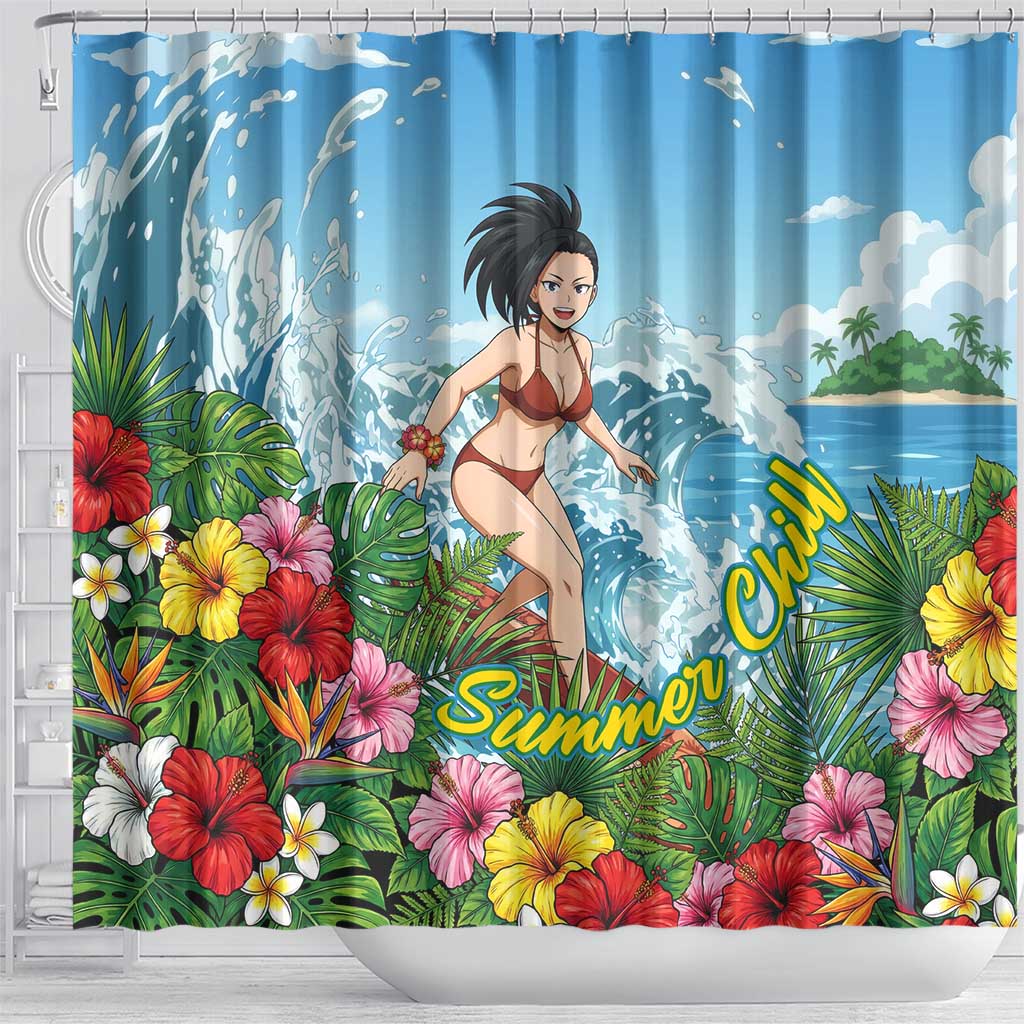 Momo Yaoyorozu Summer Chill Shower Curtain Tropical Anime Surf Adventure