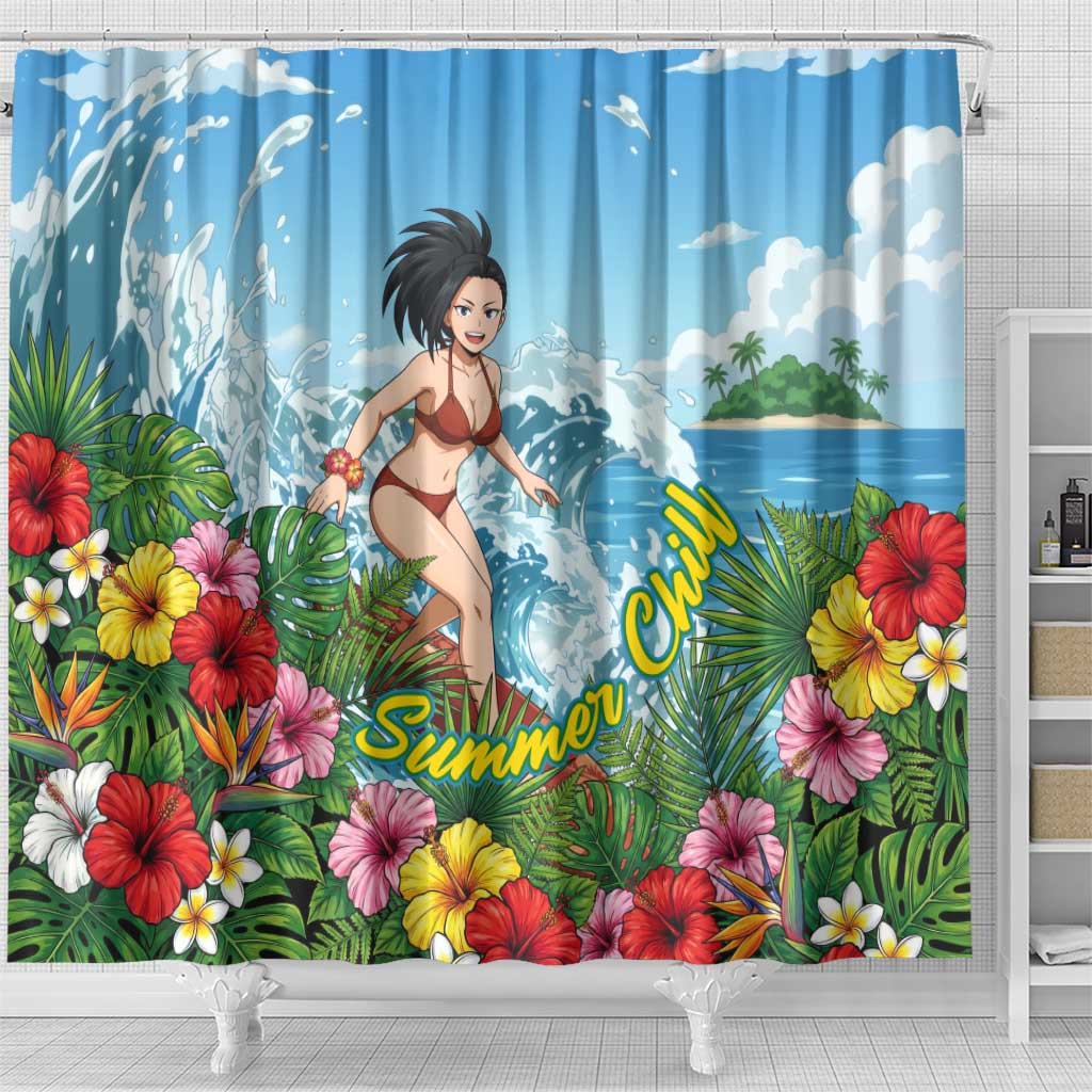 Momo Yaoyorozu Summer Chill Shower Curtain Tropical Anime Surf Adventure