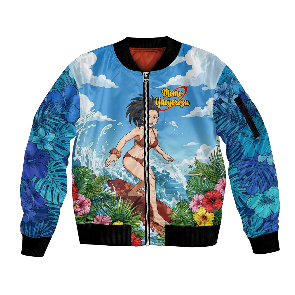 Momo Yaoyorozu Summer Chill Sleeve Zip Bomber Jacket Tropical Anime Surf Adventure