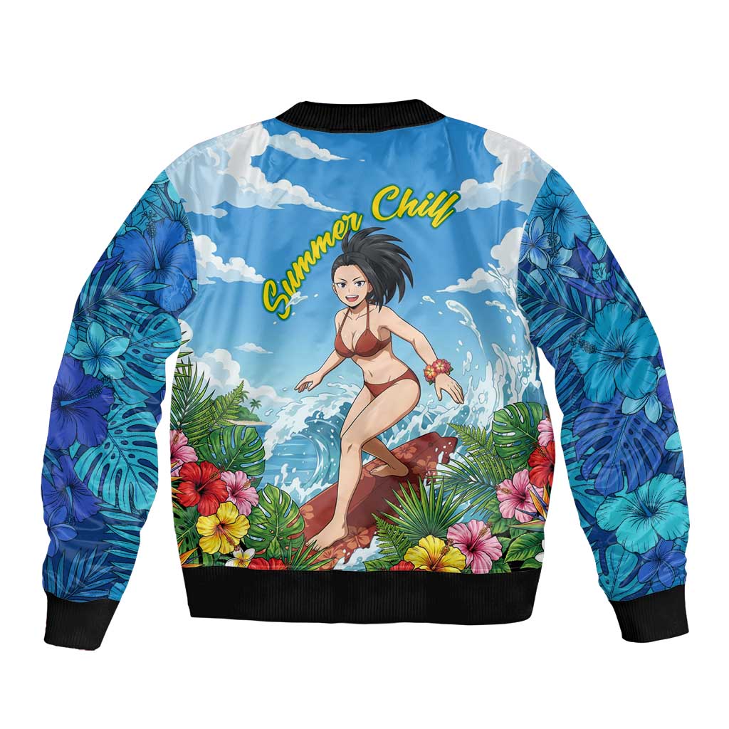Momo Yaoyorozu Summer Chill Sleeve Zip Bomber Jacket Tropical Anime Surf Adventure