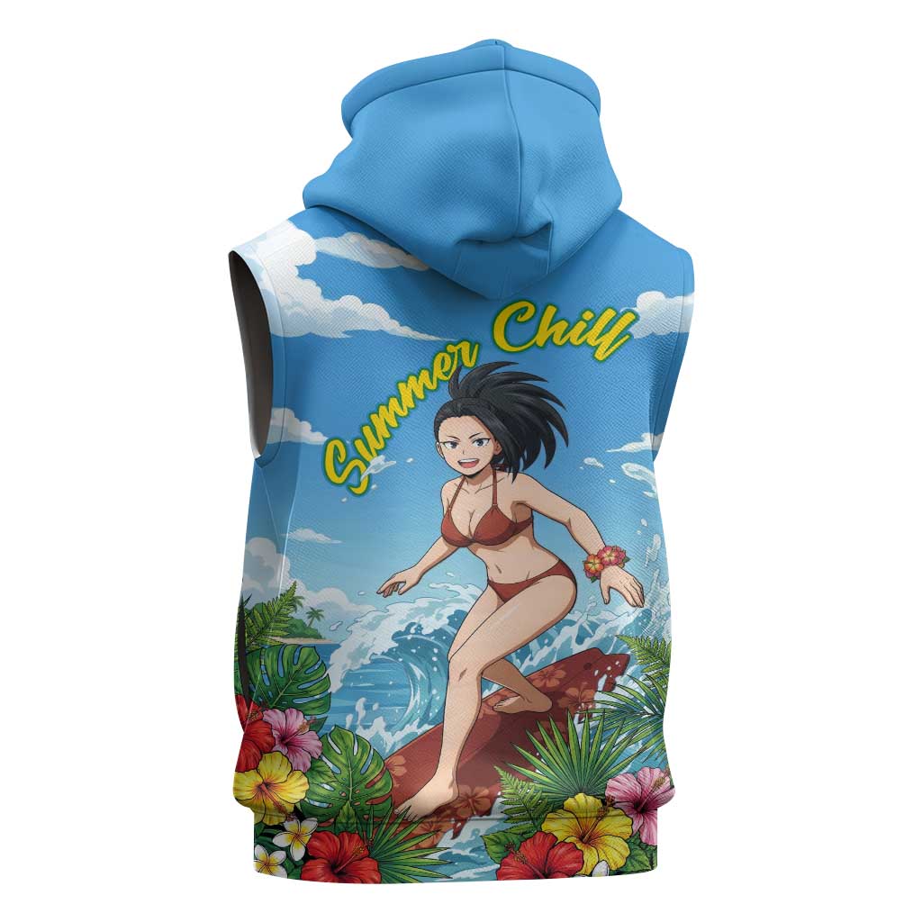 Momo Yaoyorozu Summer Chill Sleeveless Hoodie Tropical Anime Surf Adventure